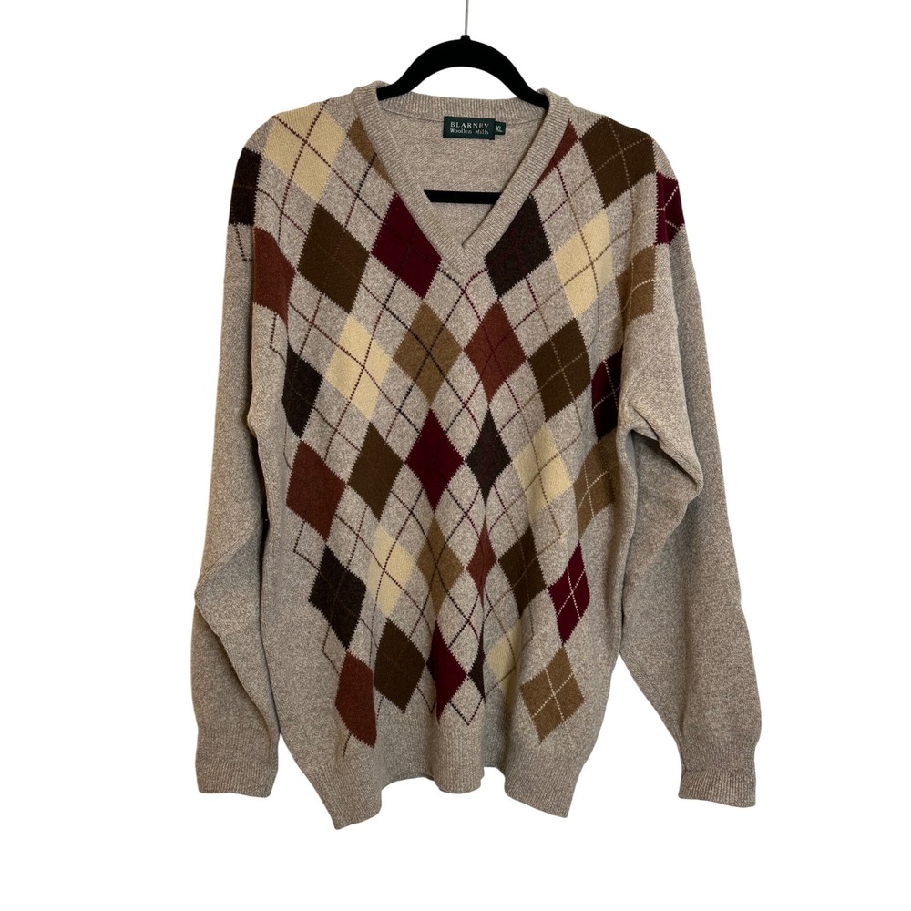Blarney‎ Woollen Mills Argyle V Neck Sweater Size XL New Lambswool Brown Ireland